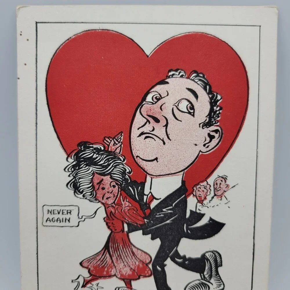 Antique Valentine Postcard Clumsy Dancing Humor Red Heart Cartoon‎ Made In USA